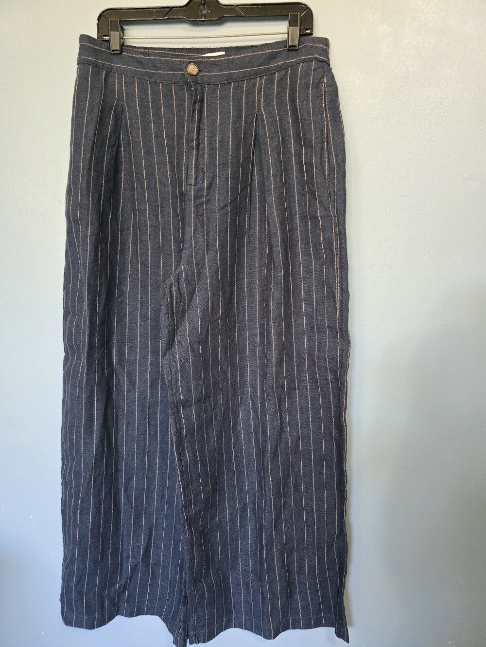 H Halston Navy Pinstripe Linen Wide-Leg Pants Size 12